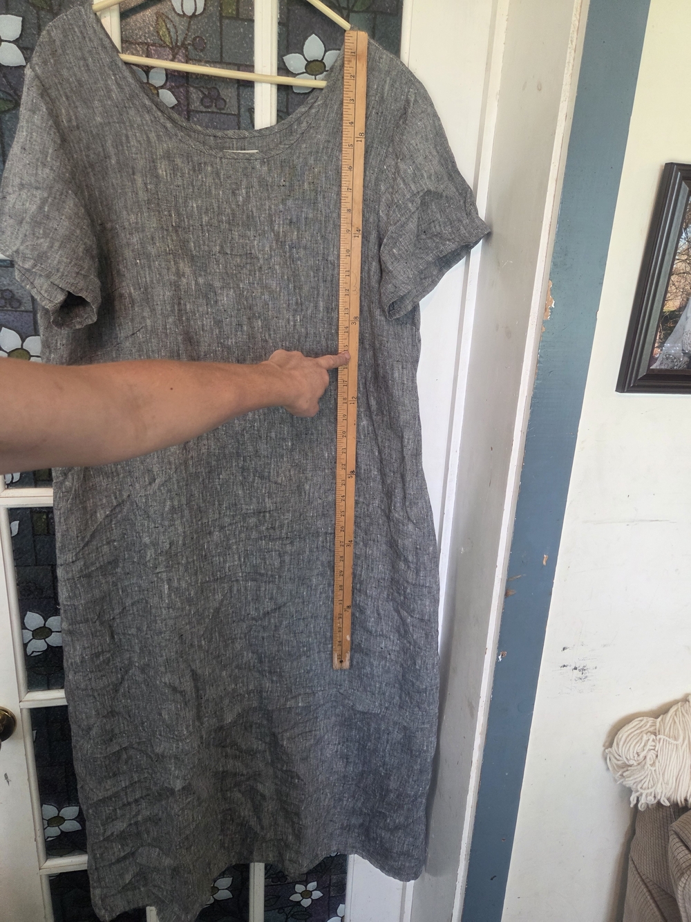 Flax Gray Linen Midi Shift Dress with Short Sleeves